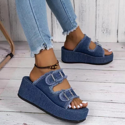 Fashion Denim Buckle Wedges Sandals Summer Outdoor High Heel Slippers Thick Bottom Shoes For Women