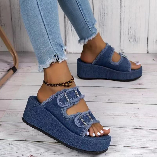 Sandales compensées à boucle en denim à la mode, pantoufles d'été à talons hauts pour l'extérieur, chaussures à semelle épaisse pour femmes