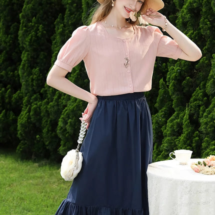 Blue High Waist A-line Cotton Lace Summer Skirt