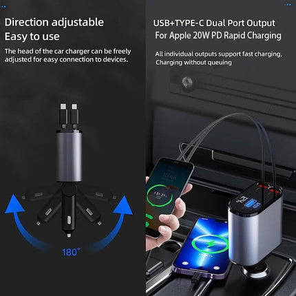 Cargador retráctil para automóvil 4 en 1 de alta velocidad con dos cables USB, tipo C y Lightning