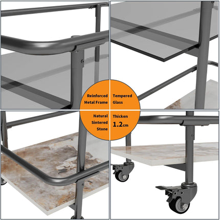 Luxury 2-Tier Rolling Bar Cart with Tempered Glass and Sintered Stone - Wnkrs