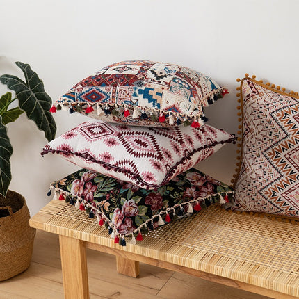 Housses de coussin à pompons style bohème marocain pour canapé et lit