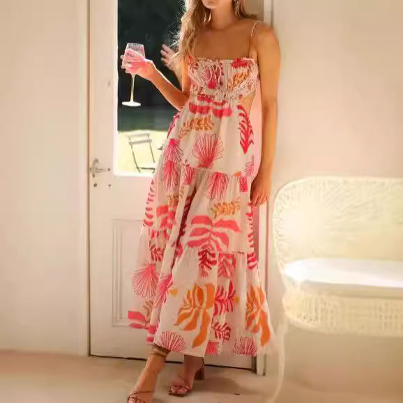 Vestido de mujer sin mangas con cuello en V y costuras estampadas