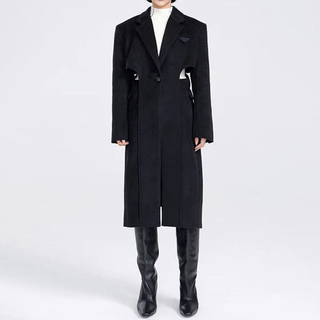 Elegant Woolen Overcoat with Waist Cut-Out