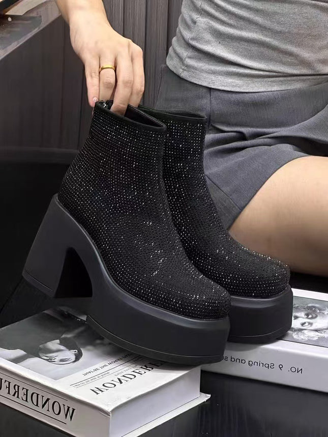 Bottines à talons épais et plateformes en strass étoilés