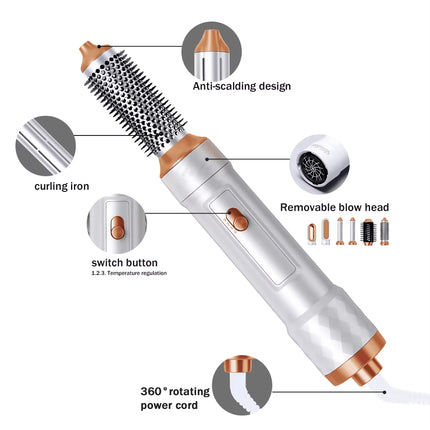 Cepillo secador de pelo de aire caliente 5 en 1 con tecnología iónica negativa y accesorios desmontables