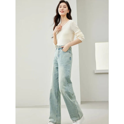 Pantalon en jean taille haute à jambe large pour femme - Pantalon décontracté bleu clair rétro