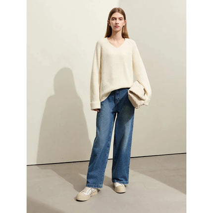 Jean ample décontracté vintage à jambes larges pour femmes - Pantalon plissé en coton d'automne