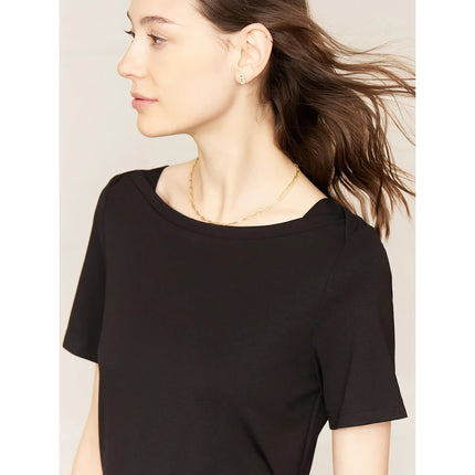 T-shirt minimaliste en coton pour femme avec col à une ligne