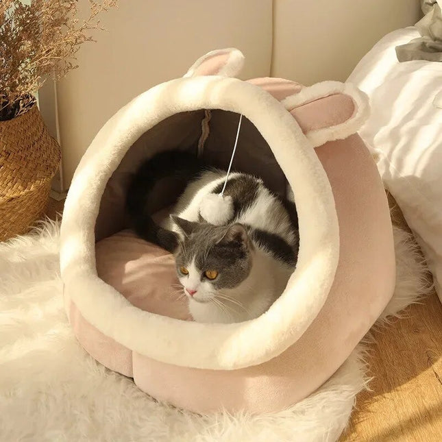 Lit pour chat semi-fermé confortable - Niche d'hiver douce pour animaux de compagnie avec coussin en peluche