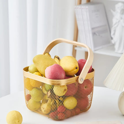 Corbeille à fruits en fer avec poignée en bambou