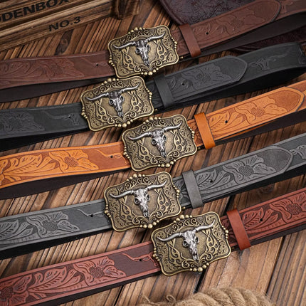 Ceinture en cuir PU style cowboy western avec décoration de taureau et gravure florale