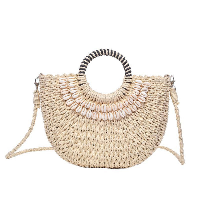 Handmade Straw Woven Seashell Beach Resort Crossbody Handbag