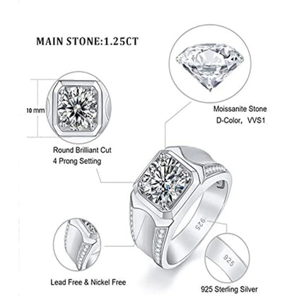 Luxurious 925 Sterling Silver 2Ct Moissanite Men's Wedding Ring - Wnkrs