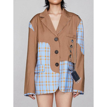 Chic Winter Checkered Blazer with Chain Accent for Women - Wnkrs