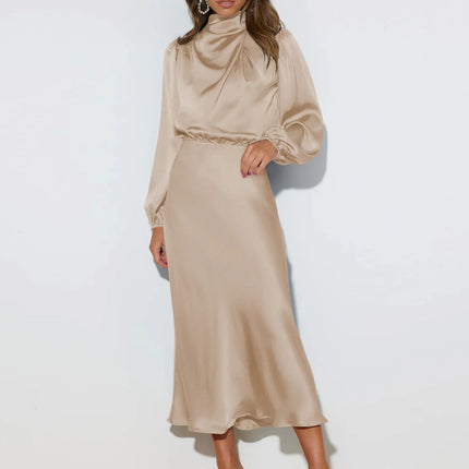 Elegant Satin Long-Sleeved Ruched Slim Dress for Evening and Parties – Autumn