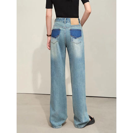 Minimalist Retro Wide-Leg Jeans with Leather Plate Decoration