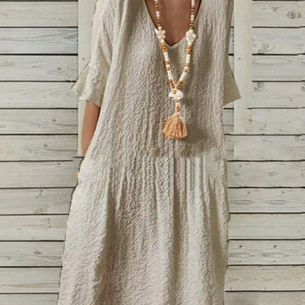 Cotton And Linen Solid Color Half Sleeves Bell Sleeve V-neck Large A-line Dress