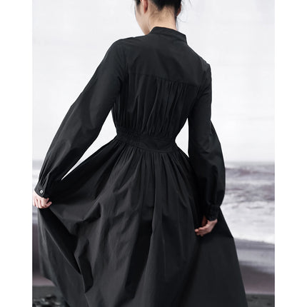 Elegante vestido camisero negro de corte A para mujer en otoño