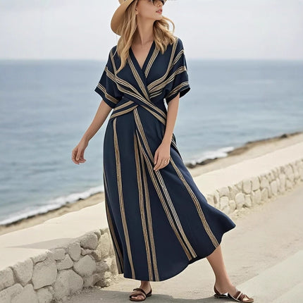 Summer Vacation V-Neck Womens Short-Sleeve Pleated Maxi Dress