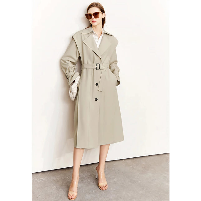 Trench-coat long minimaliste pour femme - Automne Col rabattu Patchwork Simple boutonnage