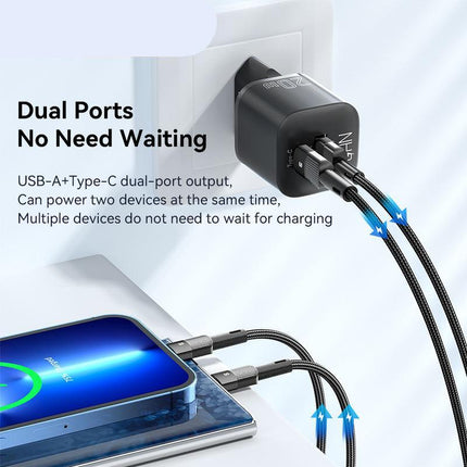 Cargador rápido GaN USB-C PD de 20 W con puerto dual QC 3.0