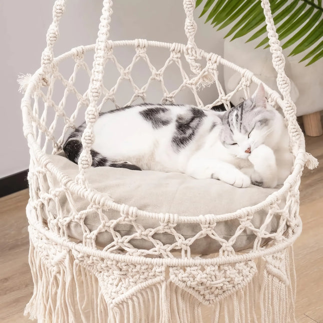 Cama colgante estilo boho para gatos para dormir, jugar y descansar
