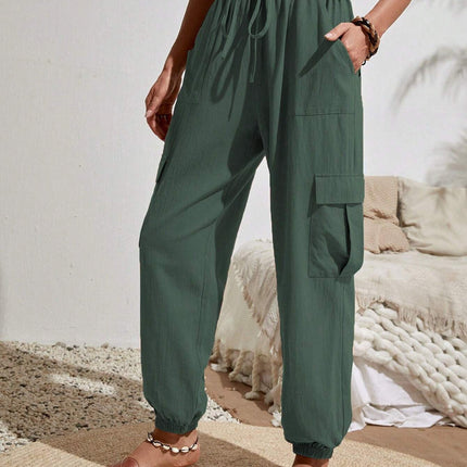 New Drawstring Overalls With Pockets Summer Cool Trousers Casual Versatile Solid Color Skinny Pants Womens Clothing