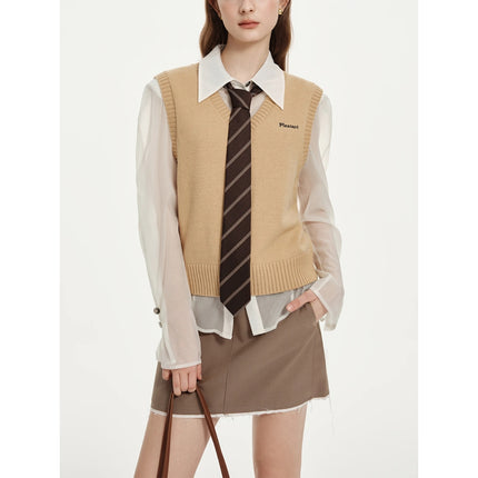 Gilet pull col V en laine mélangée beige pour femme