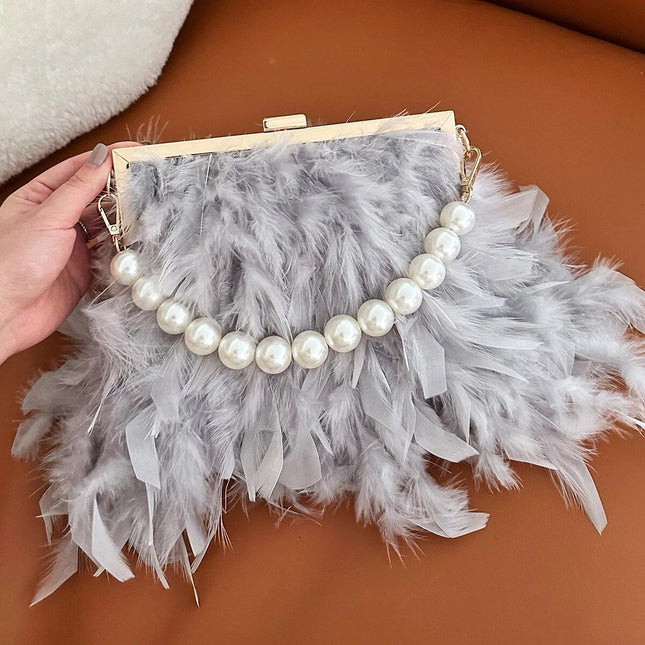 Pochettes en plumes de luxe : sac à main à poignée supérieure avec perles tendance