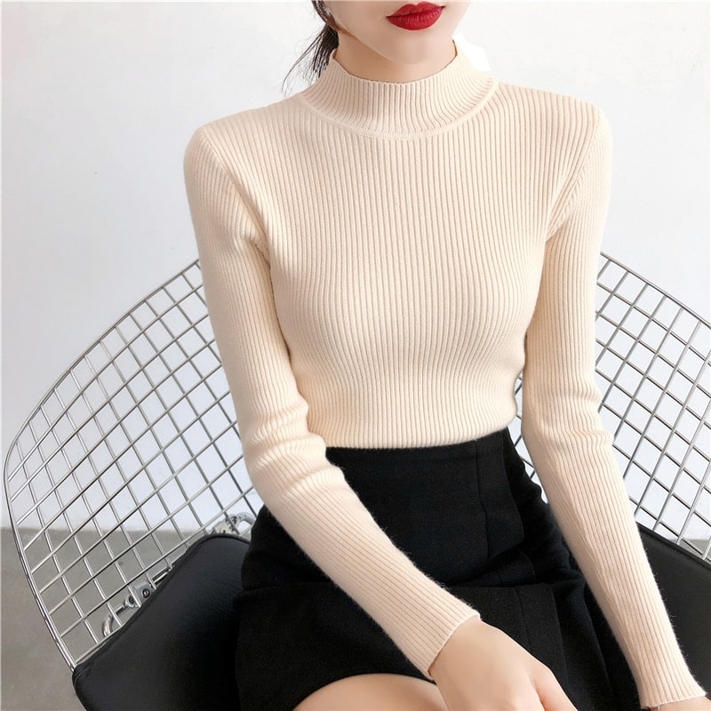Solid Turtleneck Knitted Sweater for Women