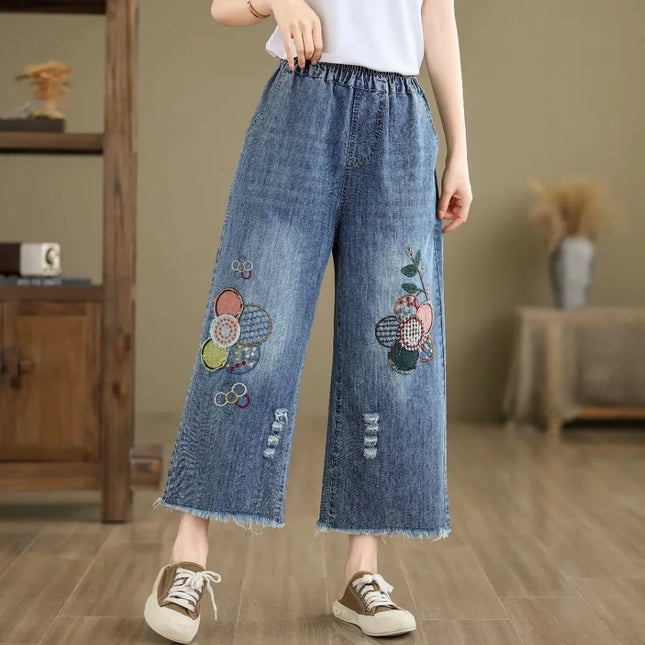 Jean vintage brodé de fleurs pour femme
