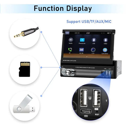 Estéreo para automóvil con pantalla táctil retráctil de 7" con CarPlay inalámbrico, Android Auto y cámara de respaldo