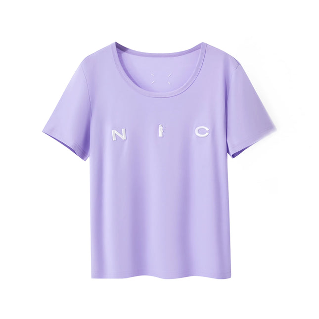 Camiseta minimalista con cuello redondo y bordado para mujer