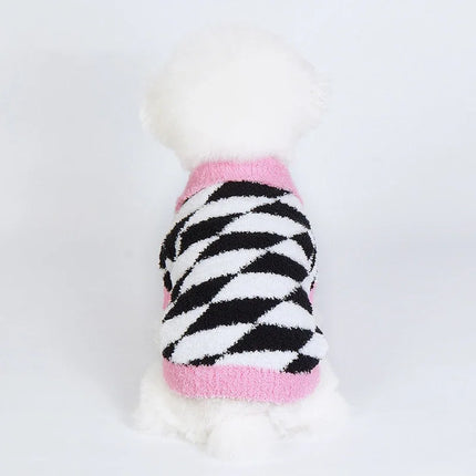 Pull polaire d'hiver pour chien - Pull épais et chaud avec imprimé losange noir et blanc