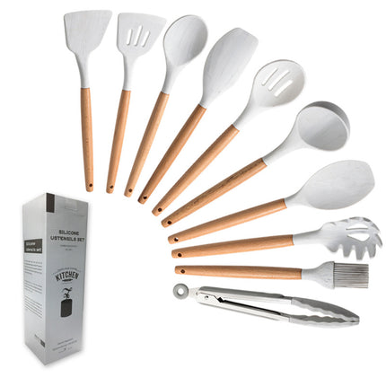 Marbled White Wooden Handle Silicone Kitchenware Set - Wnkrs