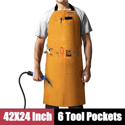 Heavy Duty Flame-Resistant Leather Welding Apron with Multi-Pocket Design - Wnkrs