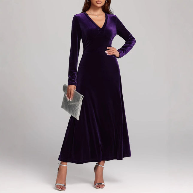 V-neck Long Sleeve Evening Dress Pleuche Dress