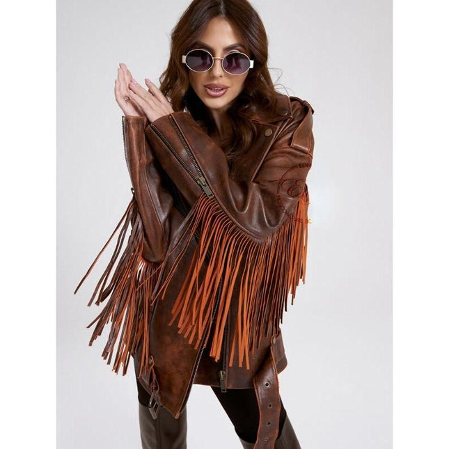 Elegante chaqueta de piel sintética de gran tamaño con borlas para mujer