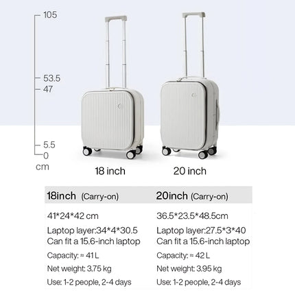 Maleta de mano con marco de aluminio y bolsillo frontal para computadora portátil, cerradura TSA, ruedas giratorias