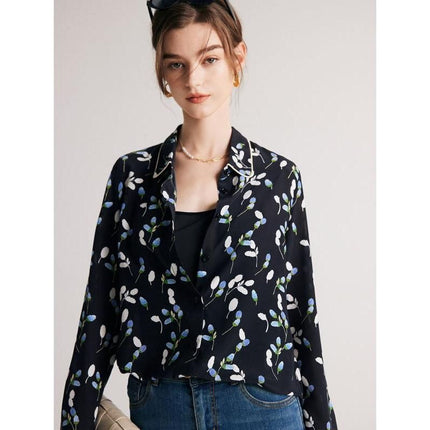 Chic Navy Floral Silk Blouse