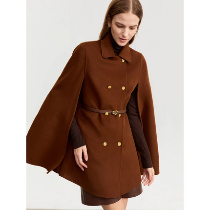 Manteau cape en laine et cachemire vintage pour femme avec ceinture en cuir