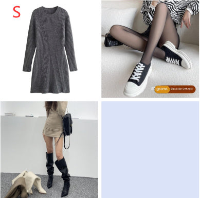 Textured Round Neck Long Sleeve Slim Knit Dress