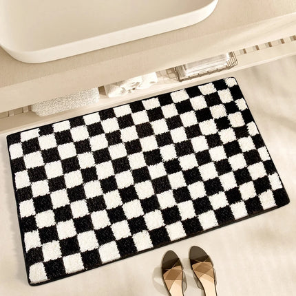 Tapis de salle de bain absorbant et antidérapant à motif quadrillé noir et blanc