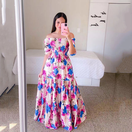 Robe longue à épaules dénudées et à la mode florale pour femme