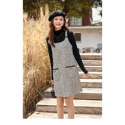 Robe élégante à bretelles en tweed longueur genou pour femme