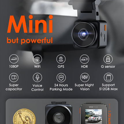 1080P WiFi Mini Dash Cam with GPS, Voice Control, Night Vision, Parking Mode