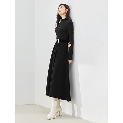 Robe d'hiver en velours côtelé noir à manches longues et col mi-haut pour femme