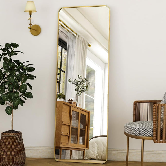 Miroir pleine longueur élégant avec cadre en aluminium doré et support