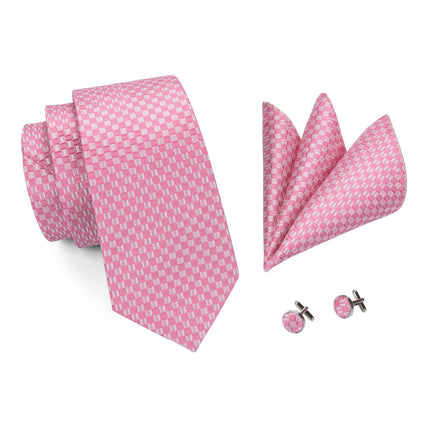 Ensemble cravate en soie à carreaux rose et blanc – Cravate de mariage formelle pour homme, mouchoir, boutons de manchette